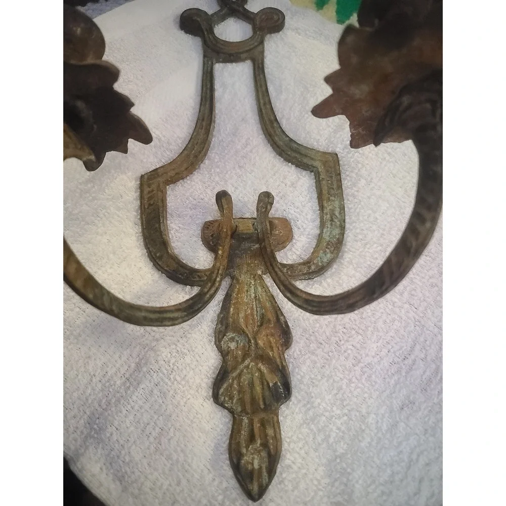 Vintage Cast Metal Double Candle Wall Sconce Ornate Verdigris Patina Rustic